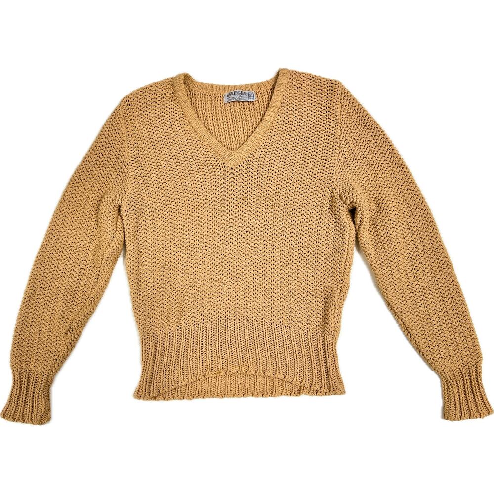 Jaeger Vintage Late 80s Camel Open Knit V-Neck Cotton Sweater XS–S